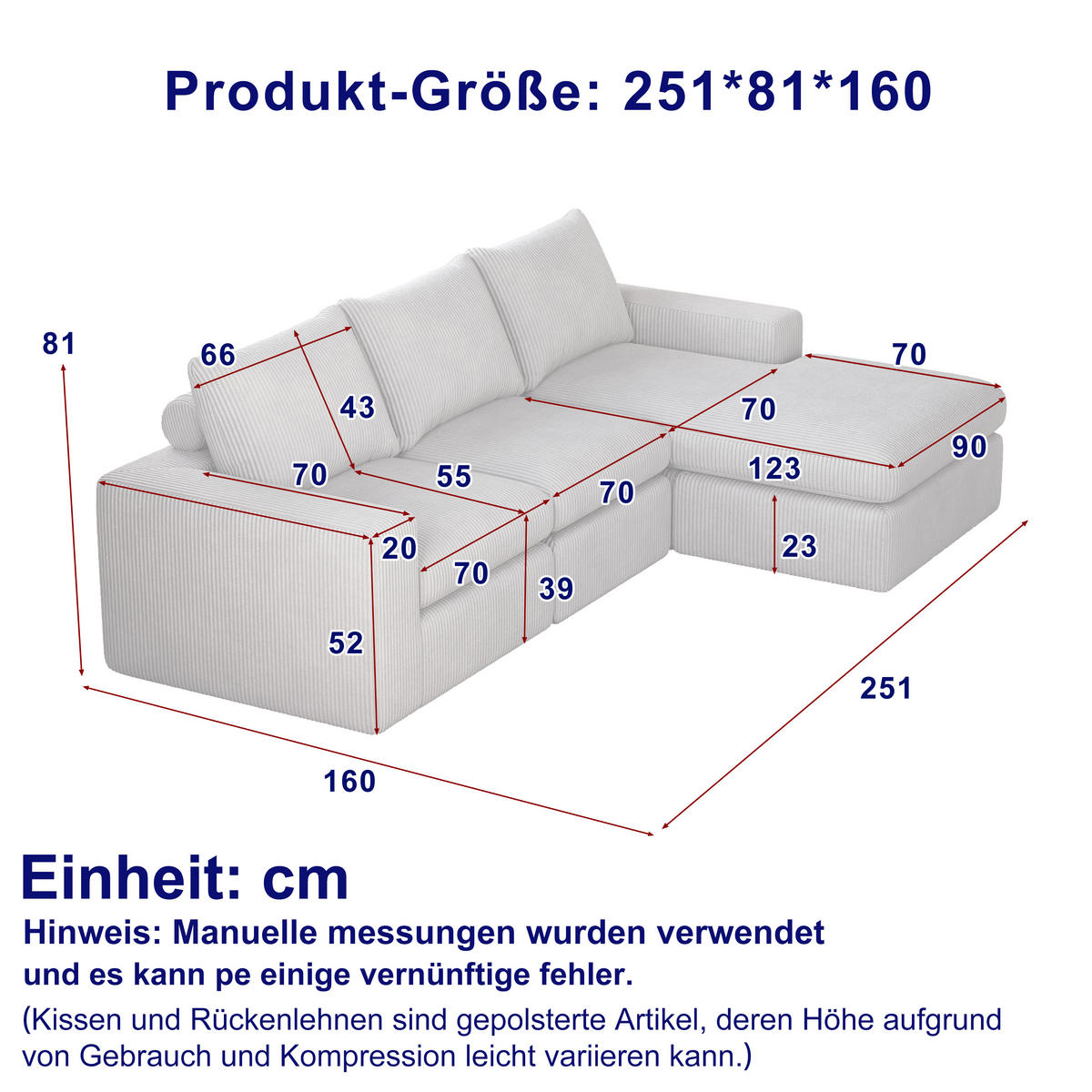 ECKSOFA 251/160/81 cm beige aus Cord mit Chaiselongue, 4 Modulen und 3 Kissen - Beige, Textil (160/251cm) - OKWISH