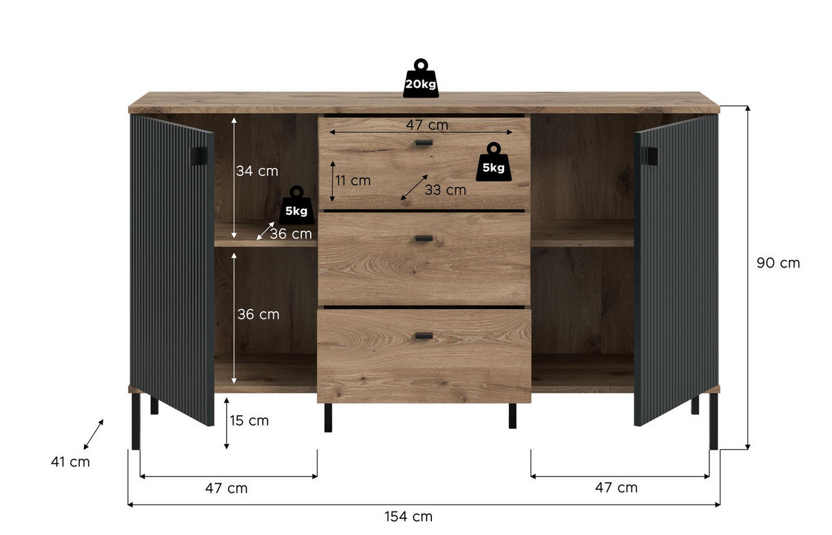 SIDEBOARD Chess schwarz 154/41/89 cm - Braun, Holzwerkstoff (154/89/41cm) - Xonox