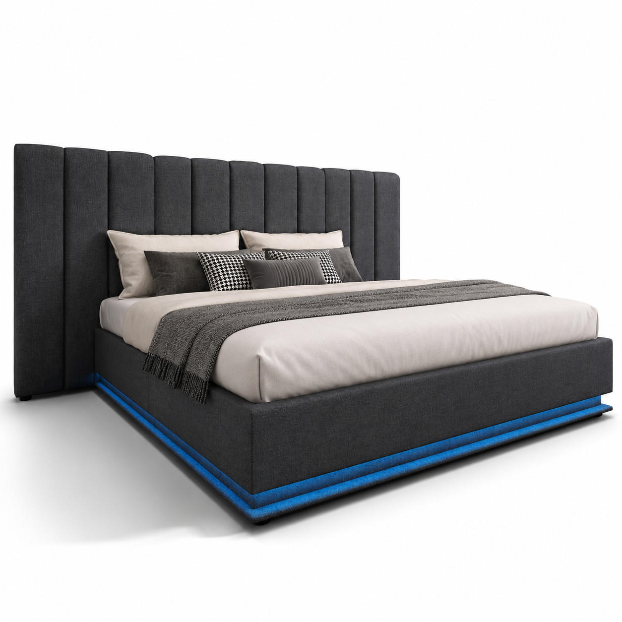 BETT mit Stauraum, LED und Ladefunktion 180x200 cm Leinen Grau inkl. Matratze - Grau, Metall (180/200cm) - Meubliv