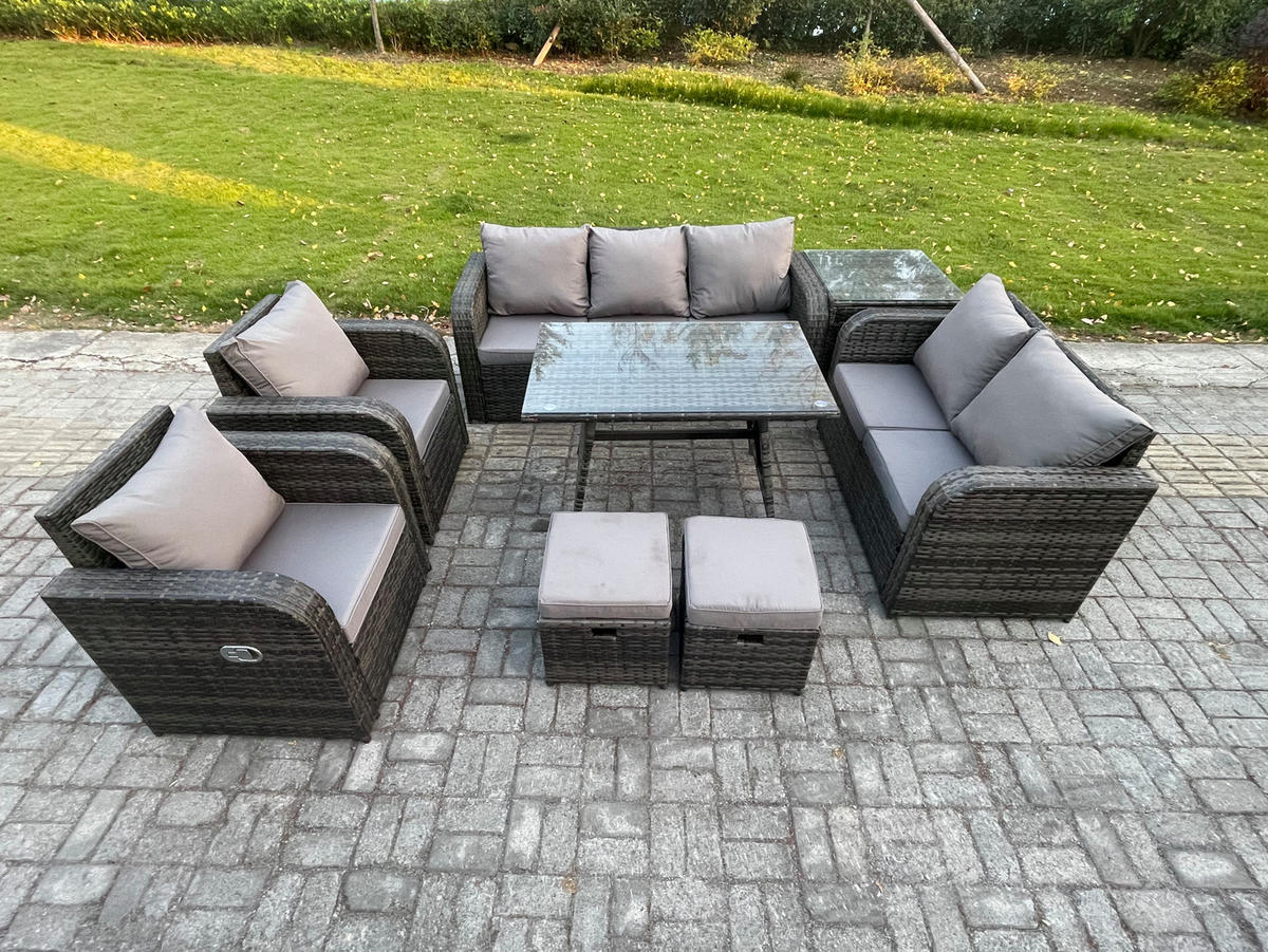 GARTENMÖBEL SET Polyrattan Dunkelgrau 9-Sitzer - Dunkelgrau/Grau, Glas/Kunststoff - Fimous