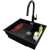 UNTERBAUSPÜLE GRANIT Praga, 2-er set Schwarz 56/47 cm 1 Becken + Küchenarmatur 40/20 cm + Ablauf-Set + Aufrollbare Abtropffläche ab 60er Unterschrank - Chromfarben/Schwarz, Kunststoff (56/20/47cm) - Primagran