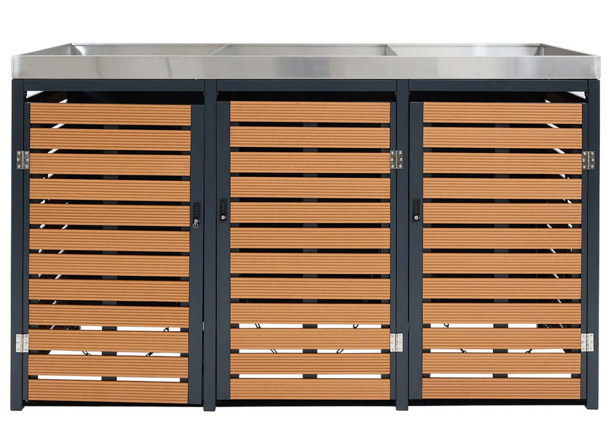 3ER MÜLLTONNENVERKLEIDUNG Teak Dekor - Teakfarben, Metall (200/124/84cm) - MCW