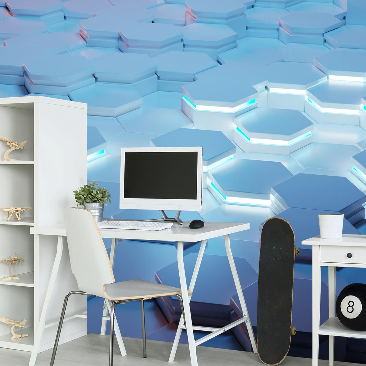 FOTOTAPETE für Jugendzimmer Blaue Neon Hexagone Formen Geometrie 400x280 - Blau/Weiß, Papier (400/280cm) - Muralo