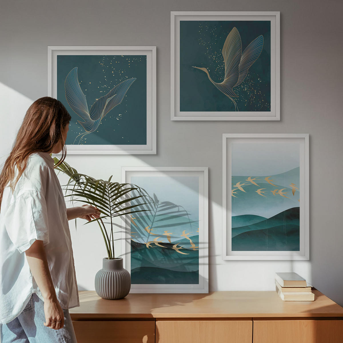 BILDER SET 4er Set - 50x50 cm & 40x60 cm Weißer Rahmen - Abstrakte Landschaften von Vogelwellen - Weiß, Kunststoff (50/50cm) - TULUP