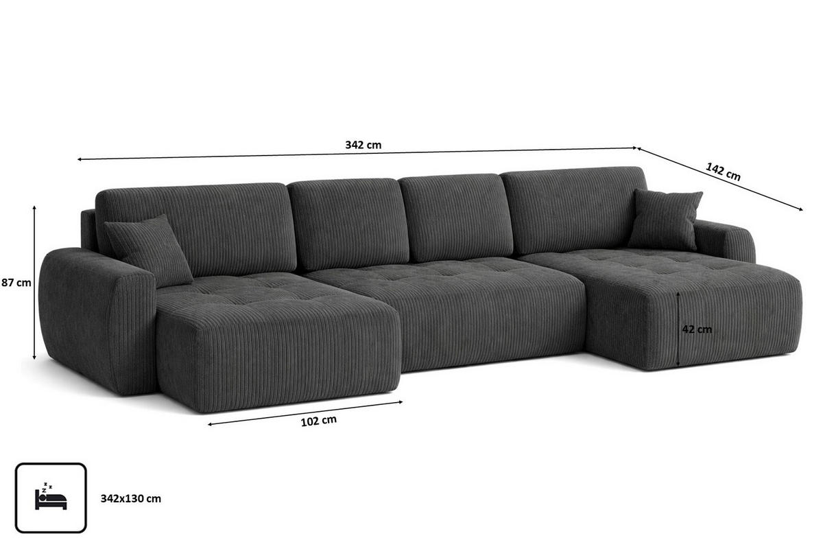 ECKSOFA Mit Schlaffunktion Und Bettkasten U-Form Ivo U, Cordstoff Poso, Grau - Grau, Holz (342/142cm) - Kaiser Möbel