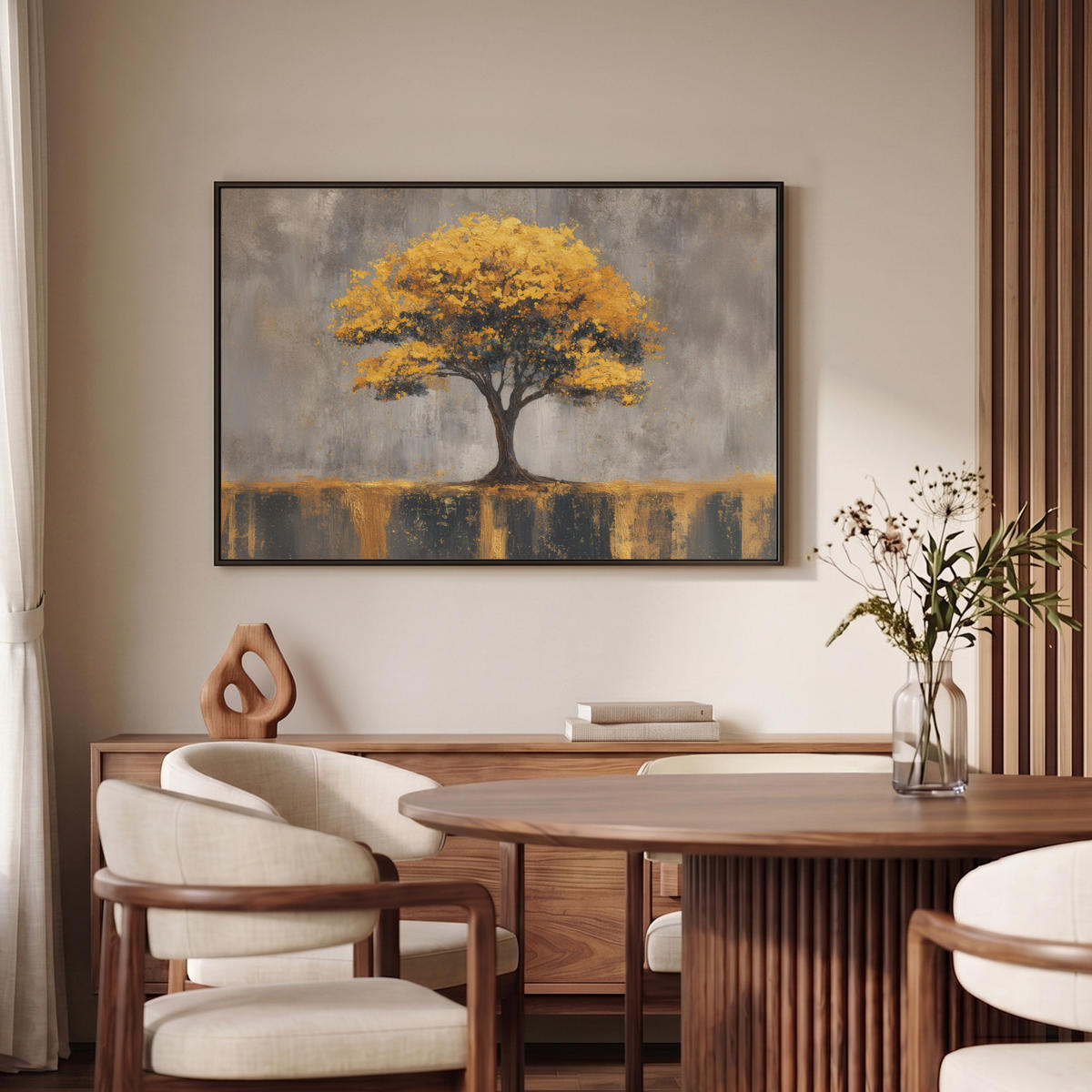 LEINWAND Bilder mit Rahmen - Baum - Blätter - Gold - Abstrakt - 90x60 - Grau, Textil (90/60cm) - MuchoWow