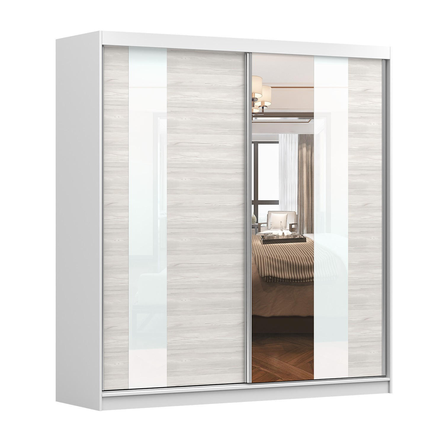 SCHWEBETÜRENSCHRANK Multi 32 Weiß/Kathult Weiß, ohne LED Beleuchtung 203 cm - Alufarben/Weiß, Holzwerkstoff/Metall (203/218/61cm)