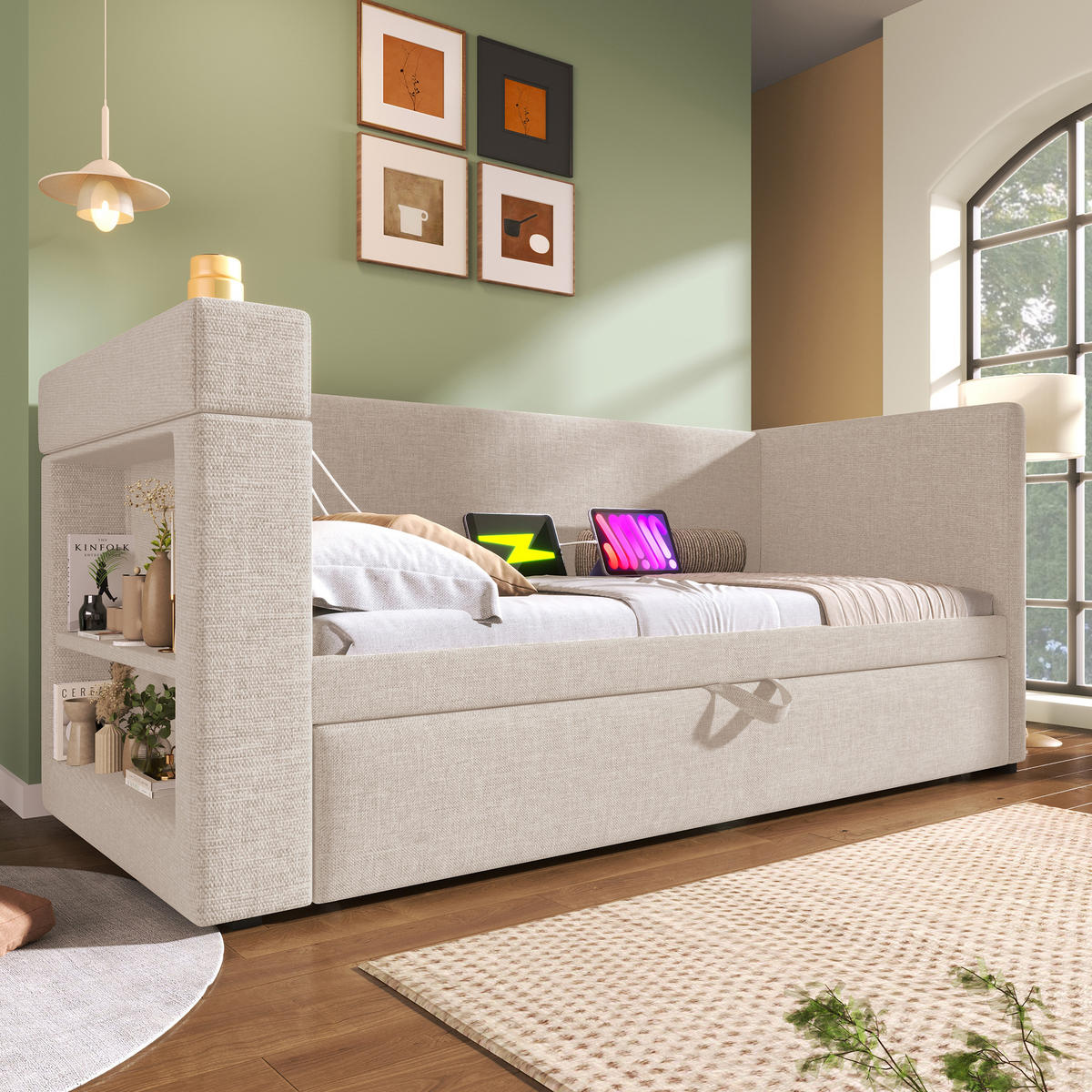 TAGESBETT 90x190cm Einzelbett Schlafsofa Ausziehbett USB-C & Halter Beige - Beige, Holz (90/190cm) - FLIEKS
