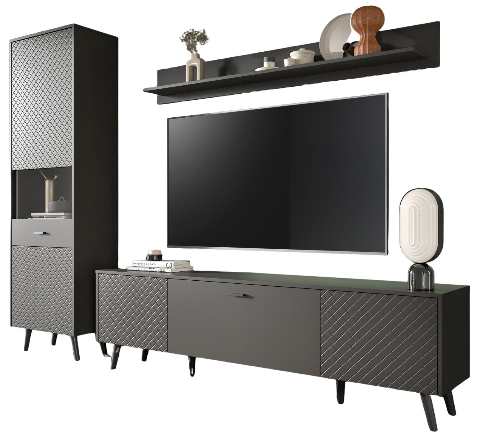 WOHNWAND grau matt 3-teilig 258 cm, Schrankwand mit Struktur - Schwarz/Grau, Glas/Holzwerkstoff (258/195/40cm) - Inn.Furn