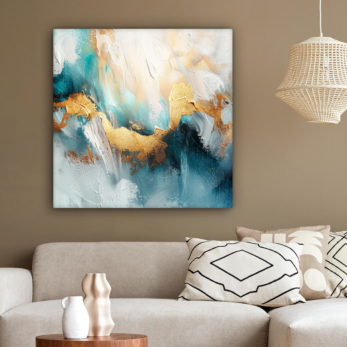LEINWANDBILD Abstrakt - Kunst - Gold - Blau 90x90 cm - Petrol, Textil (90/90cm) - MuchoWow