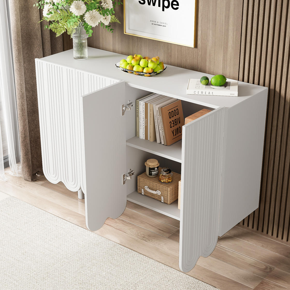 SIDEBOARD 4-türig aus weißem MDF mit geschnitzten Tropfenfronten, gedämpfte Scharniere, 120/37,5/80,8 cm, Weiß - Weiß, Holzwerkstoff (120/37.5/80.8cm) - Redom