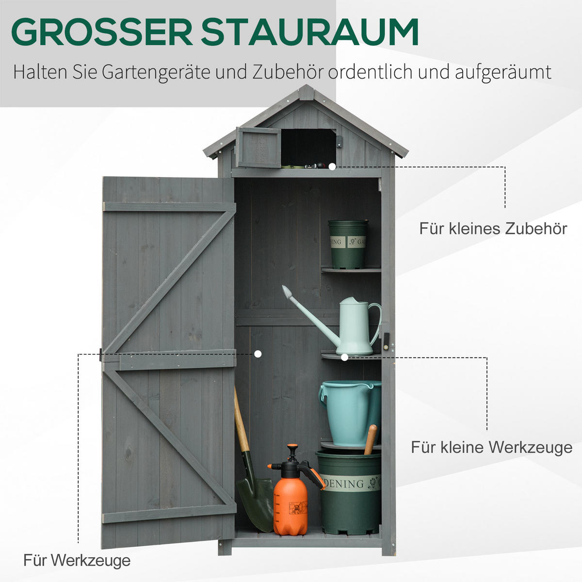 GARTENSCHRANK Gerätehaus Geräteschuppen, mit Fachböden, Asphaltdach, Holz, Grau+Grün - Grau/Grün, Holz (54.2/179/77cm) - Outsunny