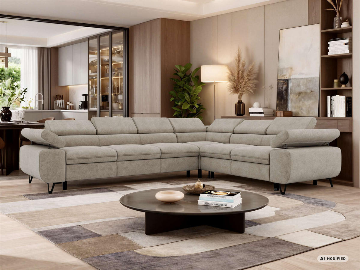 ECKSOFA NORDEN L - Greige Stukture - Links Seite - Greige/Schwarz, Textil/Metall (269/329cm) - MKS
