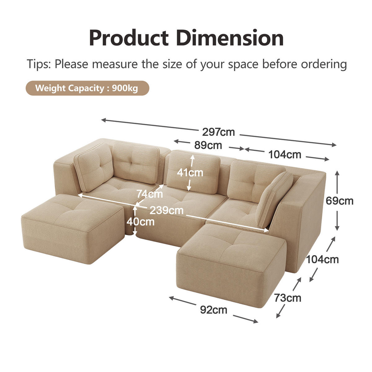 3-SITZER Sofa 297x177x69 cm aus Cordstoff rahmenlos modular mit 2 Ottomans, beige - Beige, Textil (177/69/297cm)