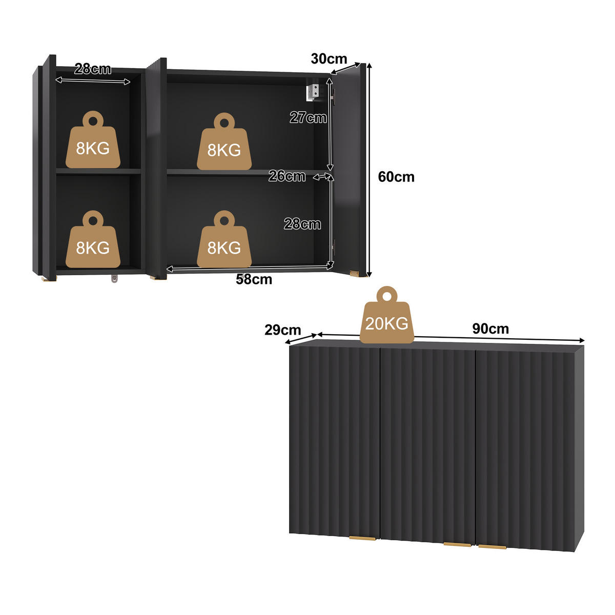 HÄNGESCHRANK DE-38748 90/29/60 cm 3 Türen und Wellenstruktur Schwarz - Schwarz, Holzwerkstoff (90/60/29cm) - ComfortXL