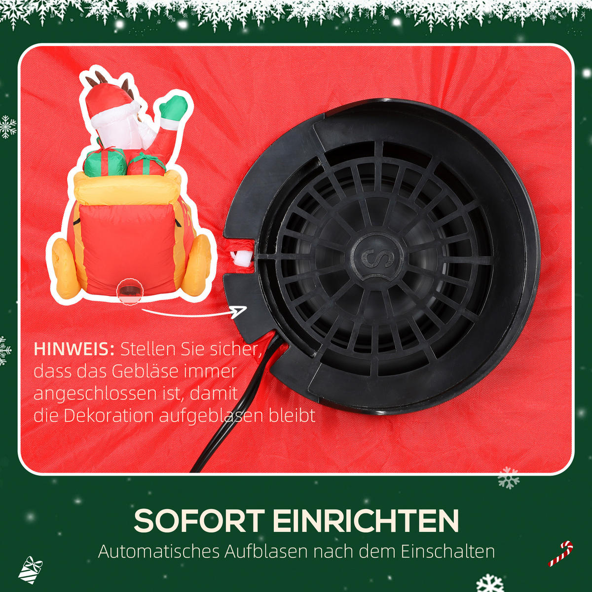 240 cm Aufblasbarer Weihnachtsmann auf Schlitten mit 2 Rentier LED-Lichtern - Rot, Textil (75/100/240cm) - Outsunny