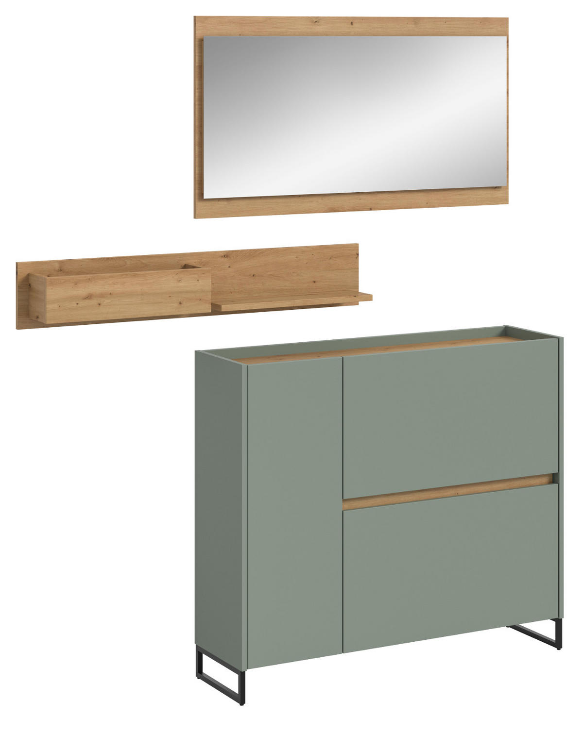 GARDEROBEN-SET Salbei grün, Artisan Eiche 140 cm 3-teilig, Flurmöbel mit Soft-Close - Salbeigrün/Schwarz, Holzwerkstoff/Metall (140/192/32cm) - Inn.Furn