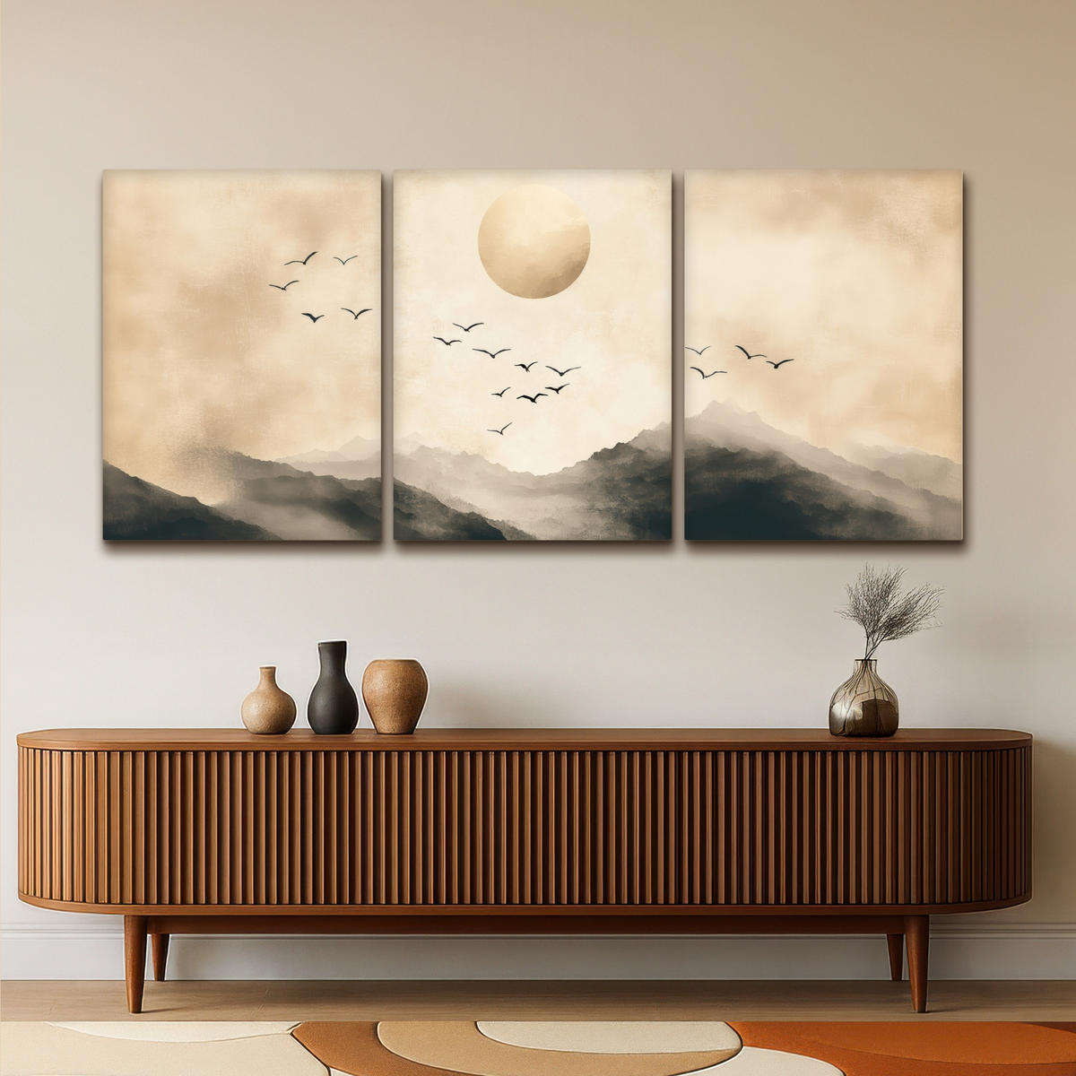 LEINWANDBILD 3er Set Landschaft - Japandi - Beige - Vögel 180x80 cm - Beige, Textil (180/80cm) - MuchoWow