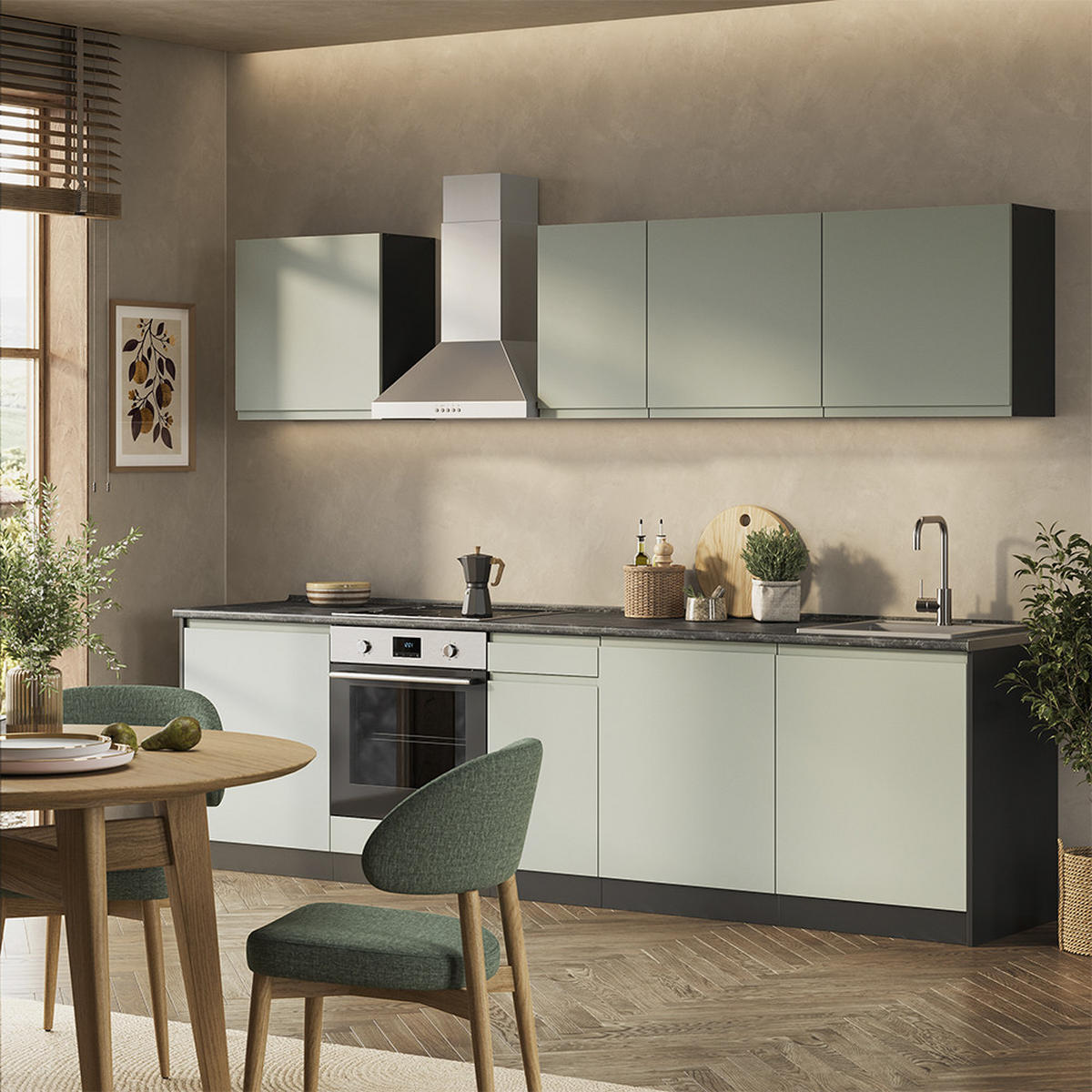KÜCHENZEILE R-Line, Pastellgrün/Anthrazit, 280 cm Arbeitsplatte Satin - Pastellgrün/Anthrazit, Holzwerkstoff (280/206.8/60cm) - Vicco