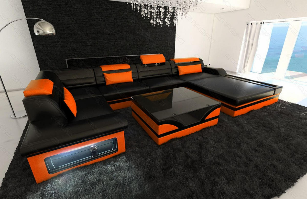SOFA Mezzo U Schwarz Orange Echtleder - Schwarz, Leder (372/78/214cm)