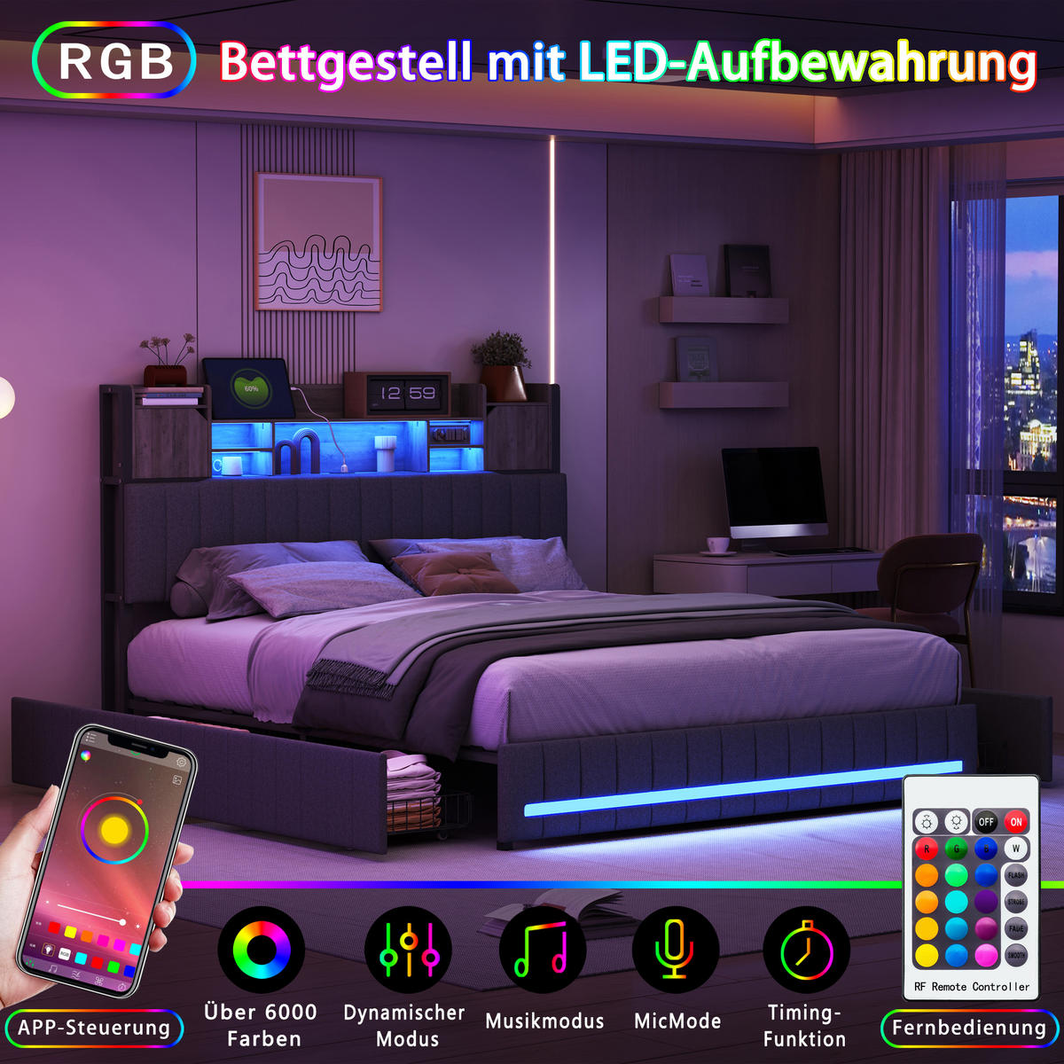 POLSTERBETT 140x190 Cm Grau/Leinen Mit LED, 4 Schubladen & USB - Grau, Holz (140/190cm)