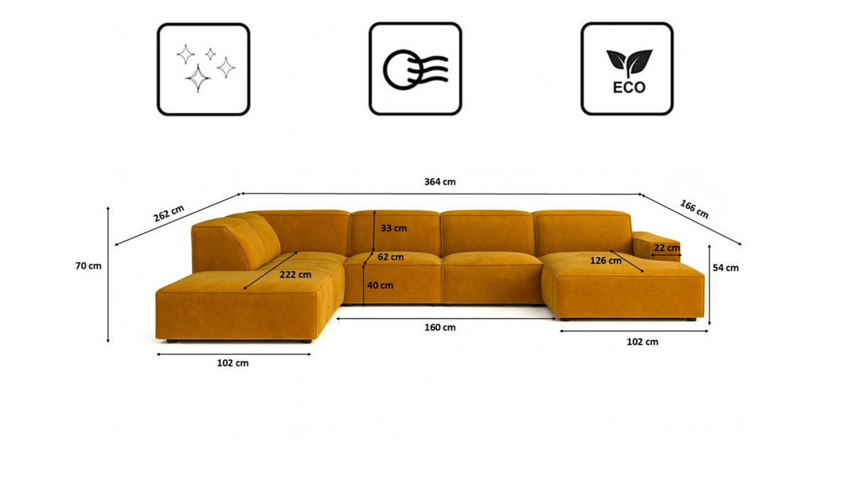 ECKSOFA Cursal V, Stoff Salvador, Gelb, Links - Gelb, Holz (364/262cm) - Kaiser Möbel