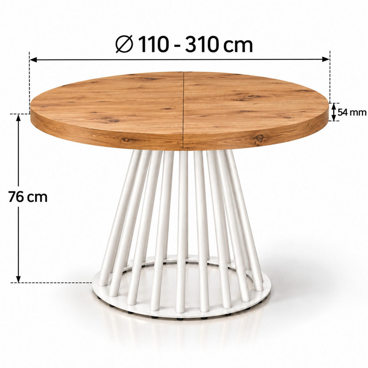 ESSTISCH rund ausziehbar 110/310/76 cm, Eiche Craft, 54 cm Tischplatte + Lamellen-Metallgestell Weiß - Eichefarben/Weiß, Holzwerkstoff/Metall (110/310/76cm) - Damale Möbel