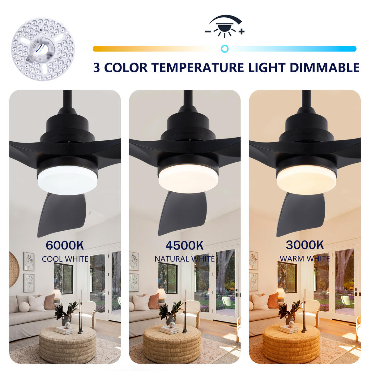 DECKENVENTILATOR 42Zoll Schwarz LED Licht 3 Flügel DC Motor - Schwarz, Kunststoff (107/107/40cm) - CASIVA