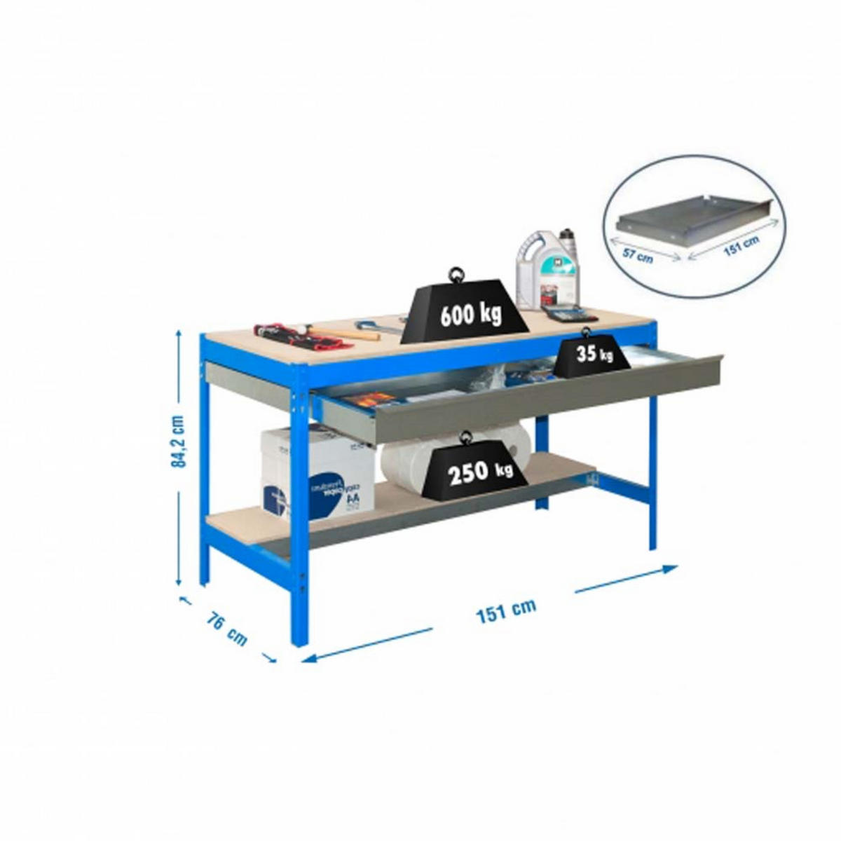 WERKBANK BUFFALO mit Schubfach | HxBxT 84x150x76cm | Traglast 600kg | Blau - Blau, Metall (150/84/76cm) - PROREGAL