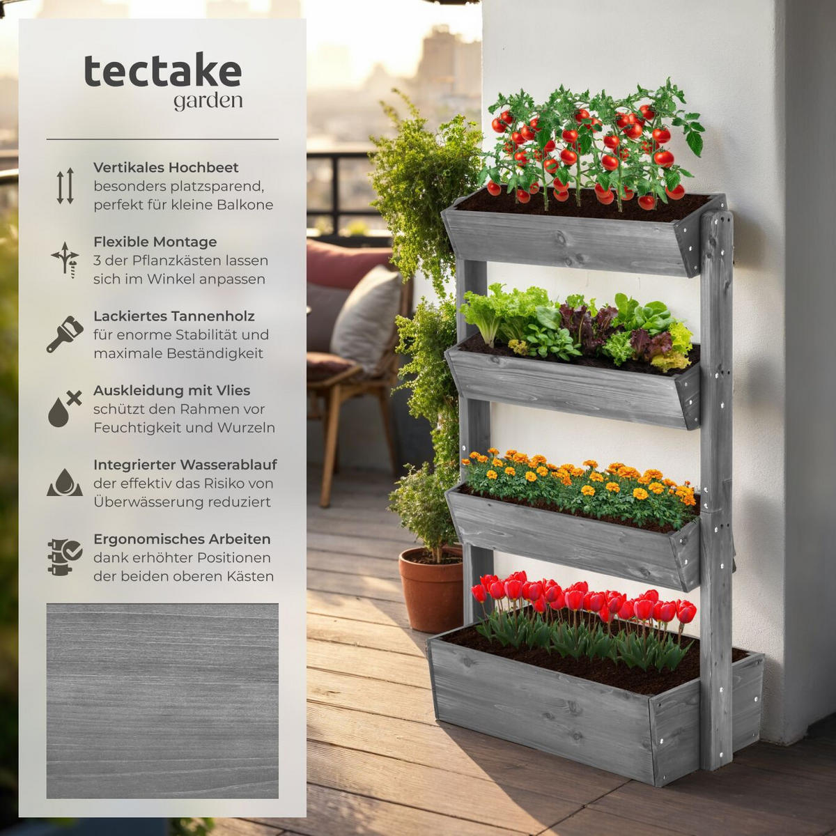 HOCHBEET Flora, inklusive Pflanzvlies, 85 x 45 x 140 cm, grau - Grau, Holz (85/140/45cm) - tectake