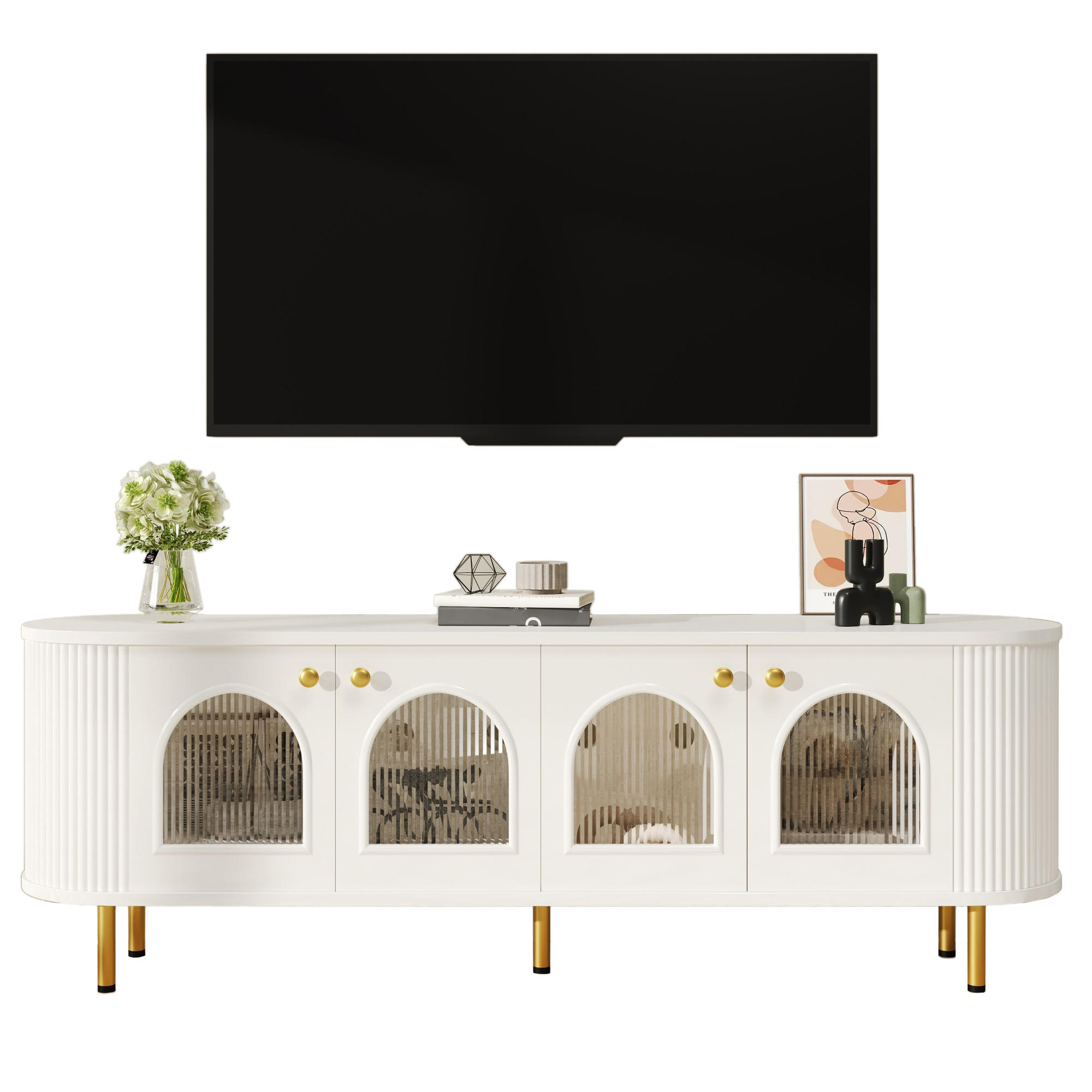 TV-SCHRANK in Weiß/Gold mit 4 Glastüren und Kabelführung 170/35/55 cm - Weiß, Holzwerkstoff (170/55/35cm) - Redom
