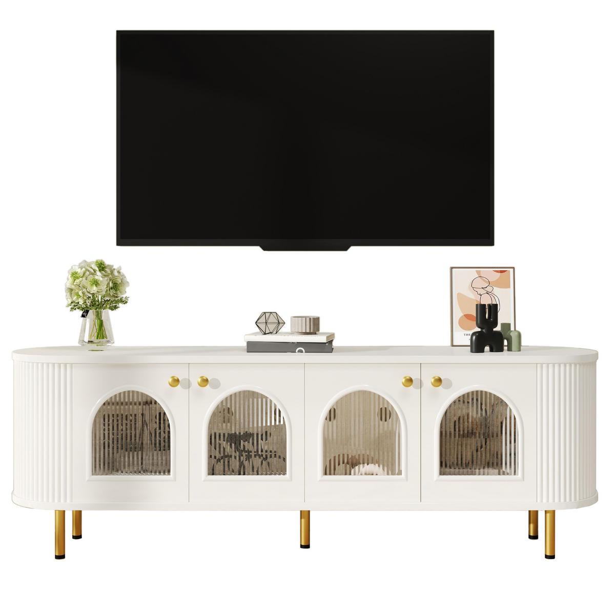 TV-SCHRANK in Weiß/Gold mit 4 Glastüren und Kabelführung 170/35/55 cm - Weiß, Holzwerkstoff (170/55/35cm) - Redom