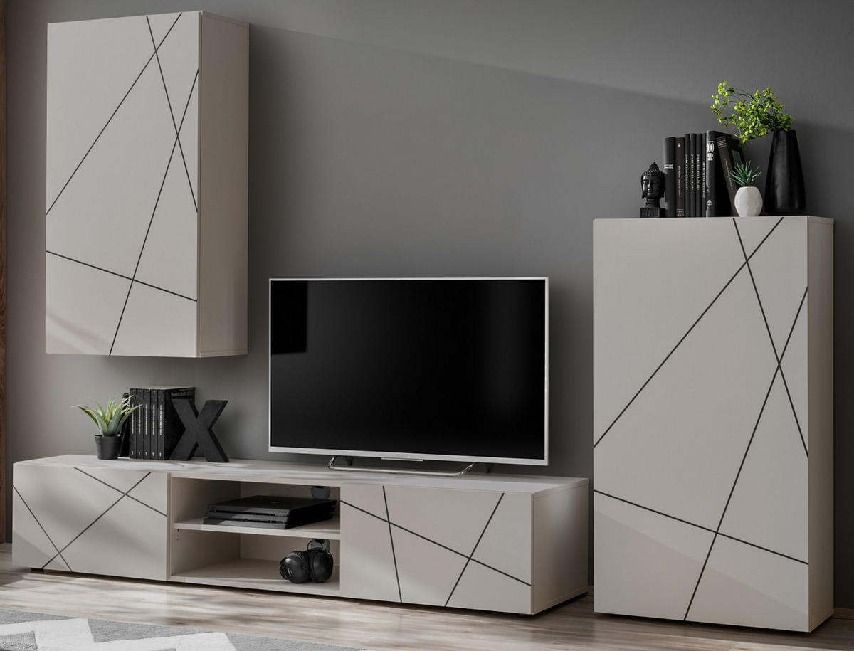 WOHNWAND Kaschmir, schwarz 260 cm, Schrankwand mit Streifendruck, Push-to-Open - Kaschmir/Schwarz, Holzwerkstoff/Kunststoff (260/180/45cm) - Furn.Design