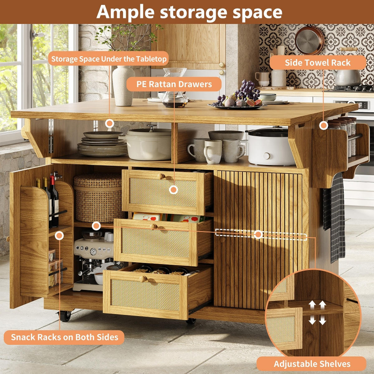 KÜCHENINSEL ausklappbar in Naturbraun mit Rattan, 142,5/80/95 cm - Naturfarben, Kunststoff (80/95/142.5cm) - Rolipo