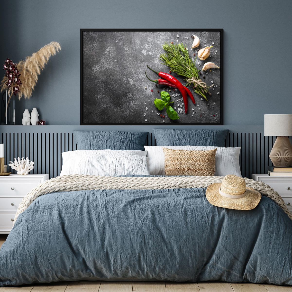 ZARÁMOVANÝ PLAGÁT Korenie - bylinky - korenie - betón 120x80 cm - tmavosivá, papier (120/80cm) - MuchoWow