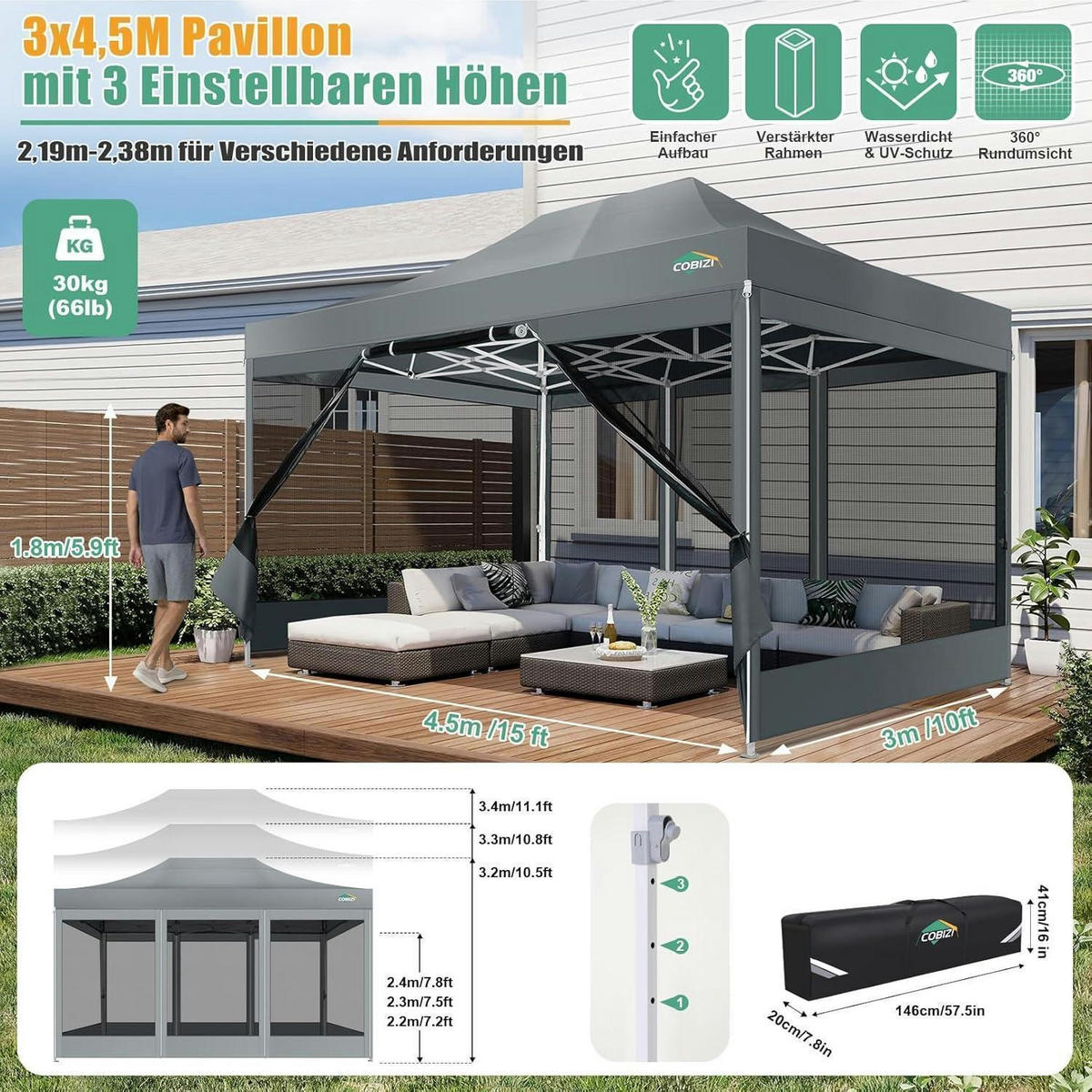 FALTPAVILLON 3x4,5 m mit Moskitonetz und UV-Schutz 50+ Grau - Grau, Textil (300/238/450cm)