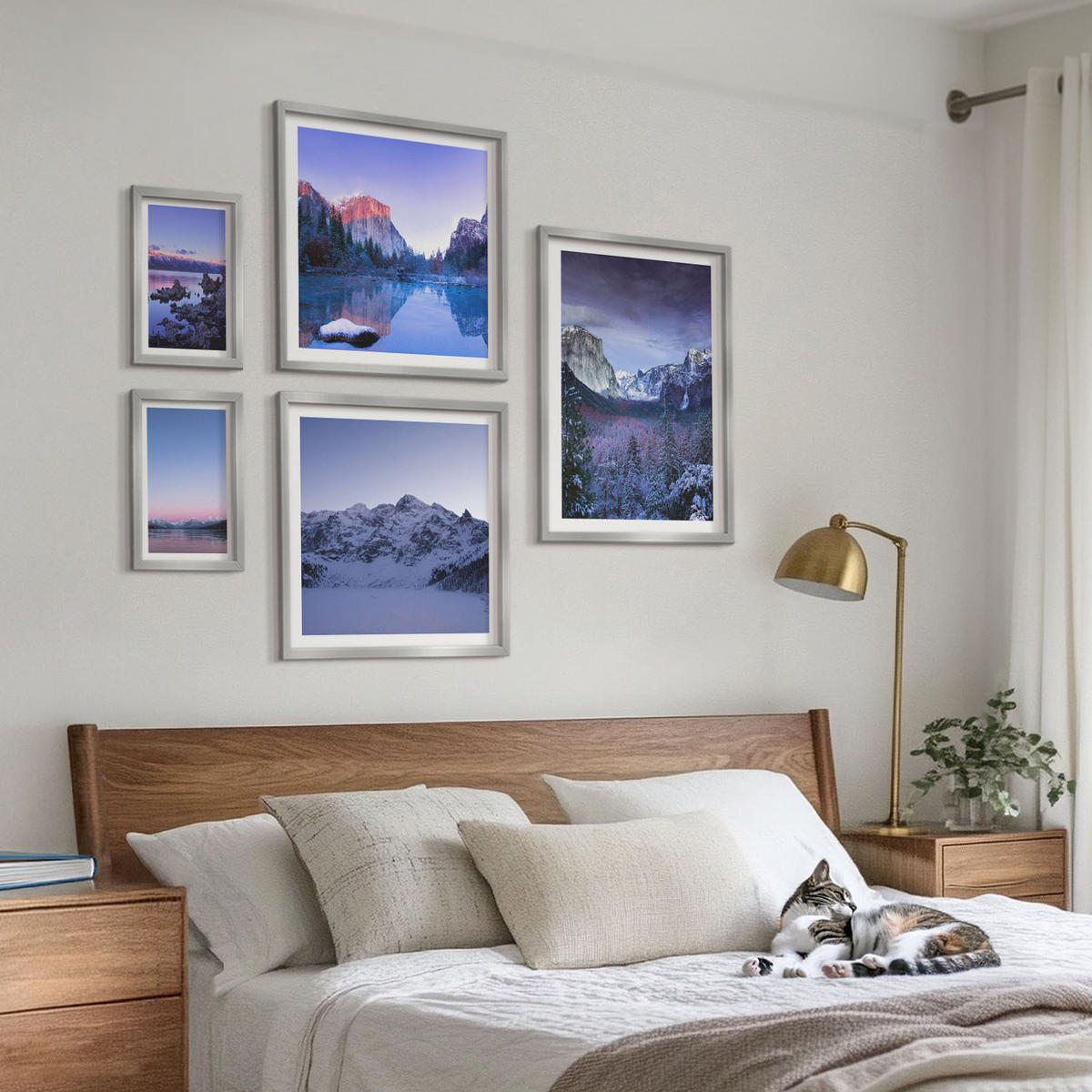WANDBILDER 5er Set - 50x50 cm & 20x30 cm & 40x60 cm Silberner Rahmen - Berglandschaften, Sonnenuntergang, Wasser - Silberfarben, Kunststoff (40/60cm) - ArtPrintCave