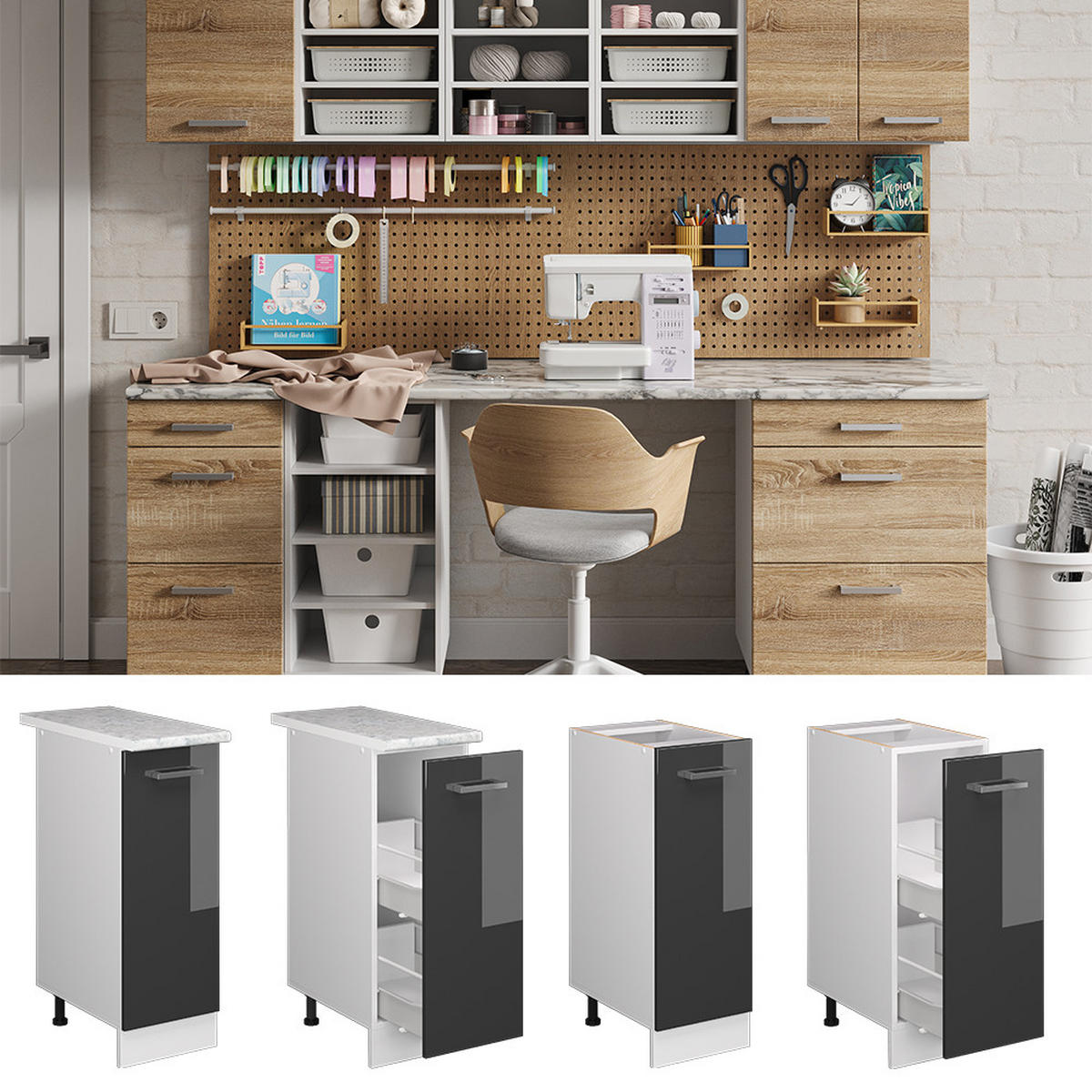 UNTERSCHRANK R-Line Anthrazit Hochglanz 30 cm mit Tür, ohne AP - Anthrazit/Weiß, Holzwerkstoff (30/81.6/46cm) - Vicco