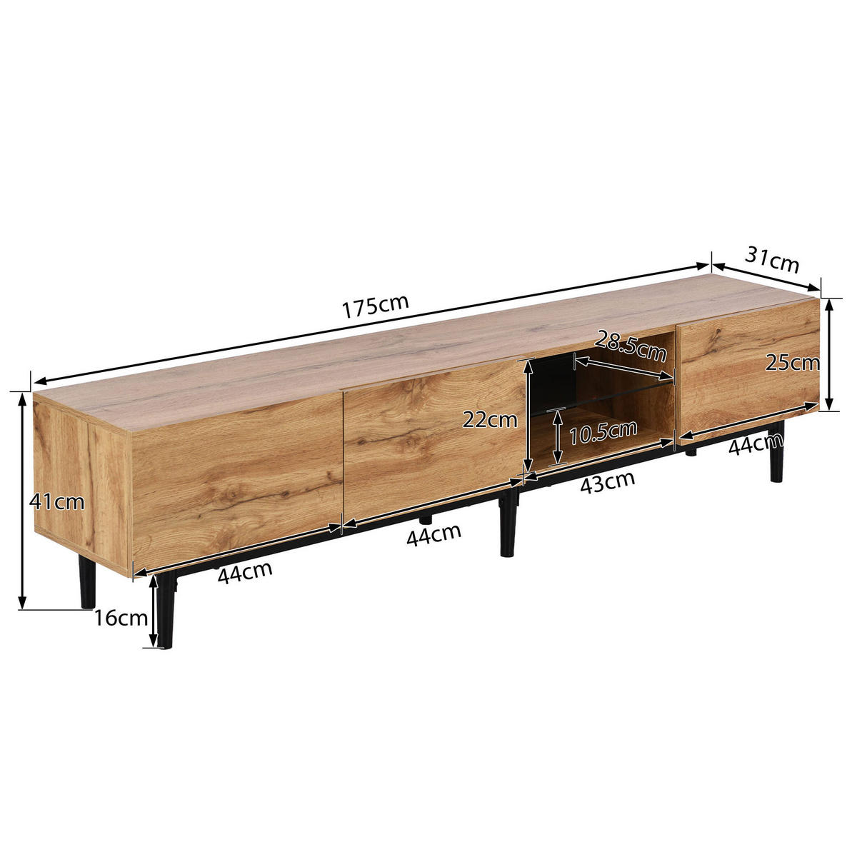 LOWBOARD 175/31/41 cm aus MDF mit LED-Beleuchtung Licht Eiche/Schwarz - Eichefarben, Holzwerkstoff (175/41/31cm) - Modenvie