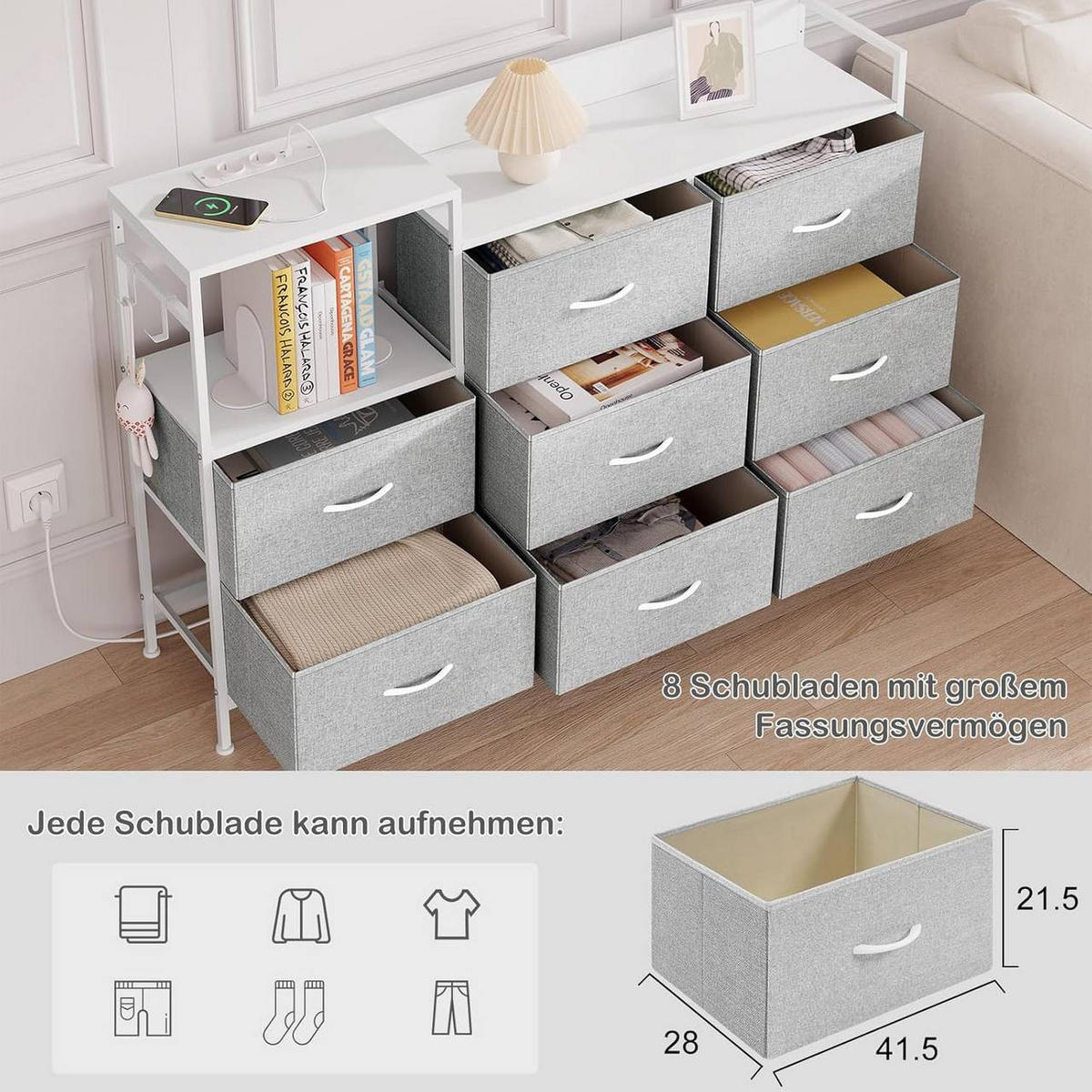 KOMMODE mit 8 Schubladen, 2 Steckdosen, Hellgrau - Hellgrau/Weiß, Holzwerkstoff/Textil (132/88/30cm) - Woltu