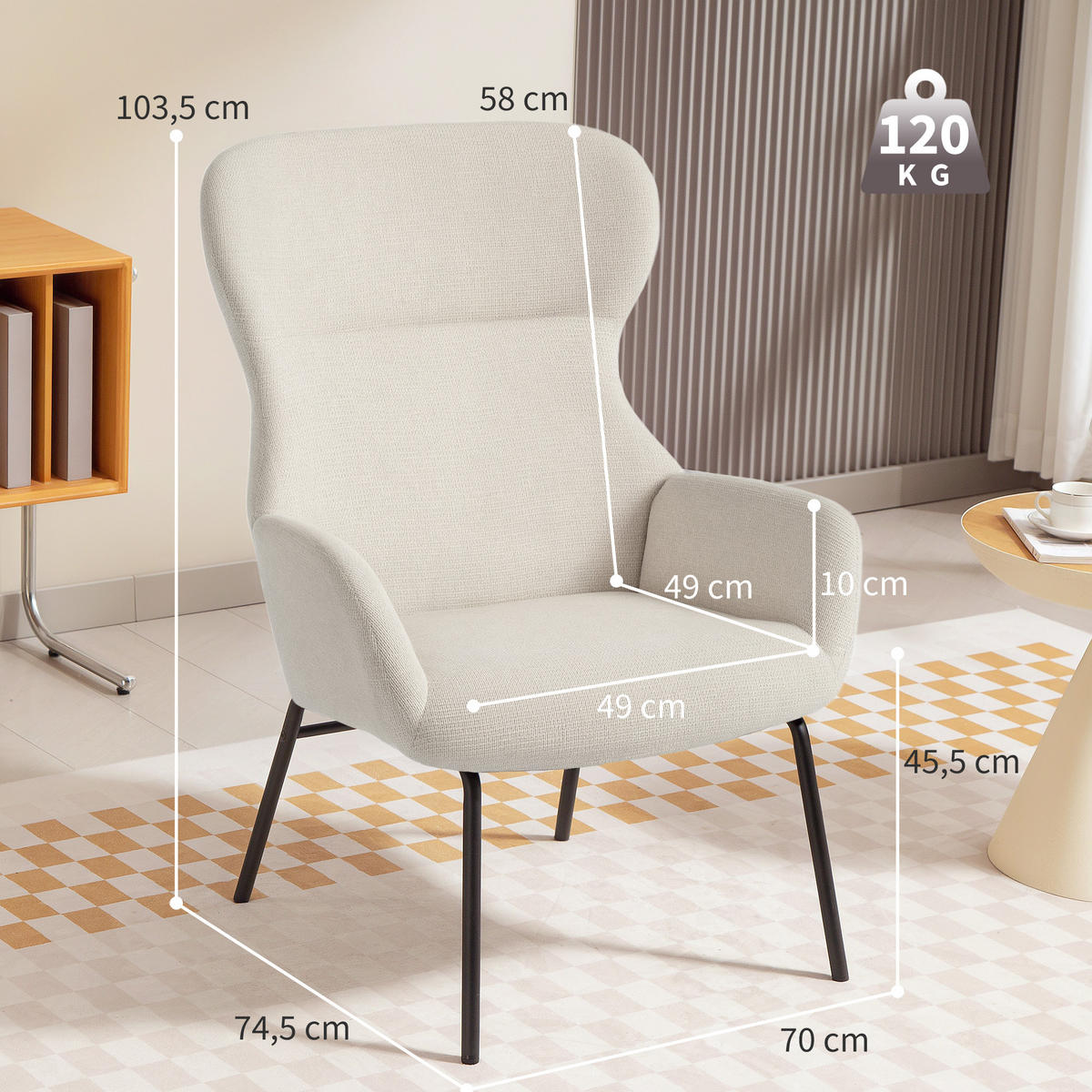 OHRENSESSEL Wohnzimmer Sessel Loungesessel Relaxsessel mit hoher Rückenlehne - Creme/Schwarz, Textil/Metall (70/103.5/74.5cm) - HOMCOM