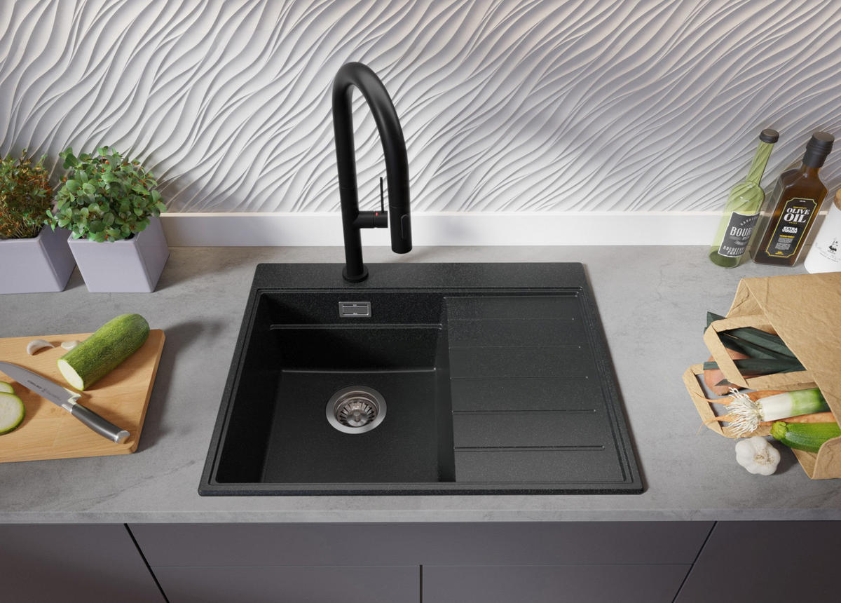 SPÜLBECKEN Sydney, 2-er set Anthrazit 62/50 cm 1 Becken + Ablauf-Set + Küchenzubehörset ab 40er Unterschrank - Chromfarben/Anthrazit, Kunststoff (62/20/50cm) - Primagran