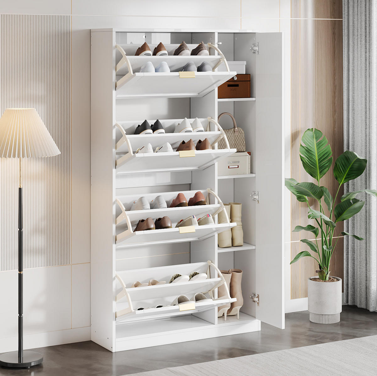 SCHUHSCHRANK 80/24/147 cm mit 4 Klappen und Spiegel in Weiß - Weiß, Holzwerkstoff (80/147/24cm) - BEAOK