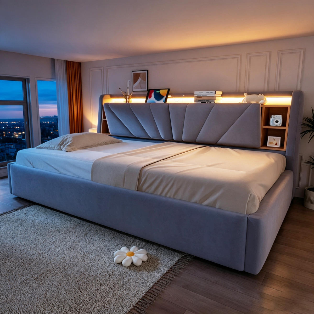 POLSTERBETT 90*200 cm mit LED, USB und Stauraum, Hellgrau - Hellgrau, Textil (90/200cm) - FLIEKS