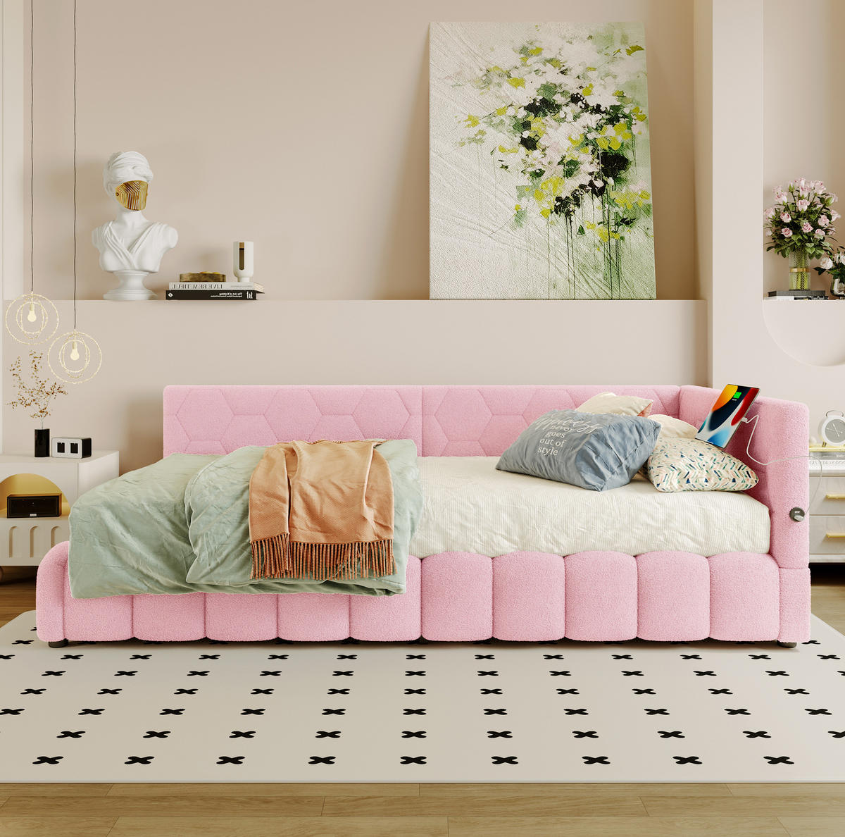 POLSTERBETT aus Vliesimitat 90x200 cm in Rosa mit LED & USB-/Typ-C-Anschluss - Rosa, Textil (90/200cm) - Modfu