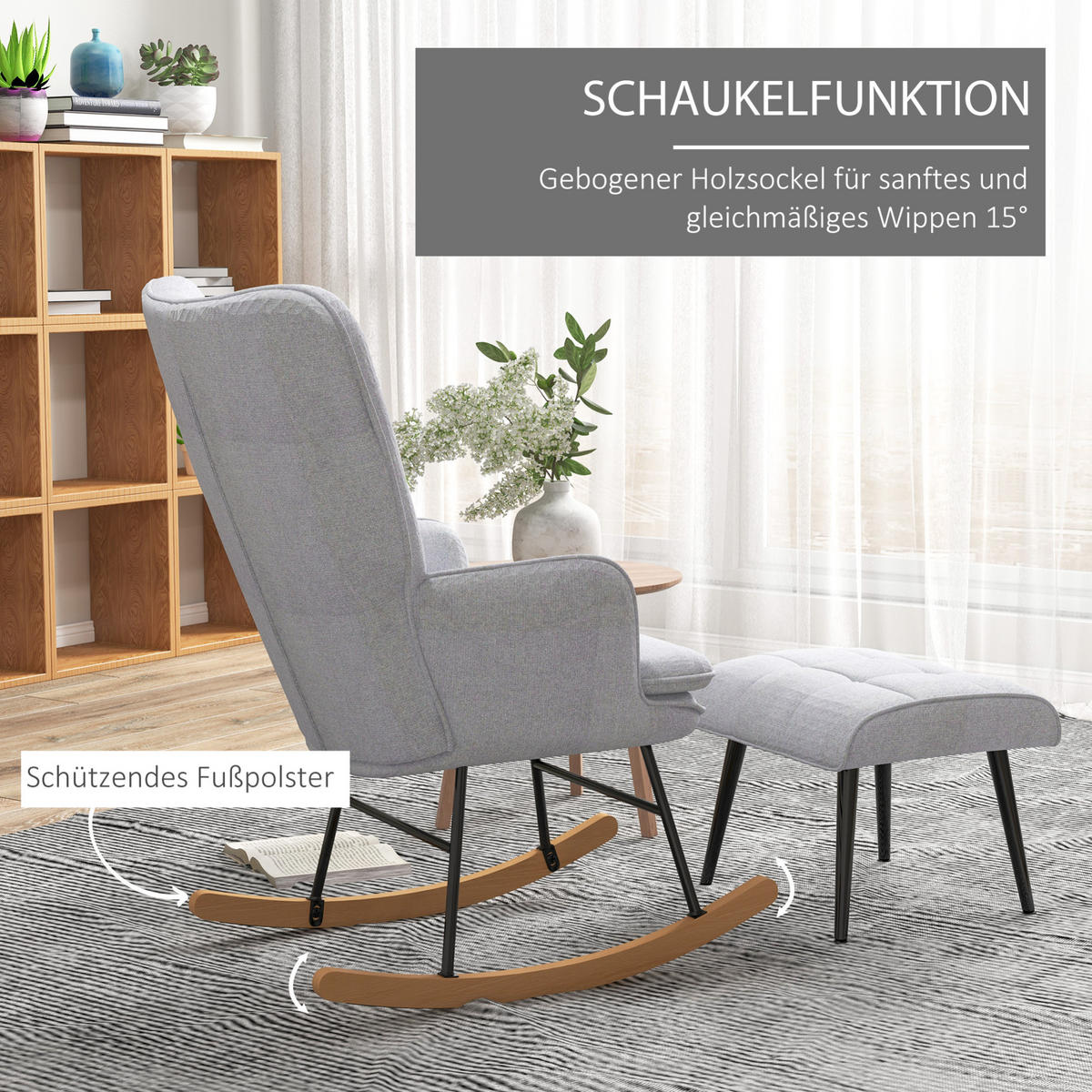SCHAUKELSTUHL 64/89/90 cm in Hellgrau mit Hocker und hoher Rückenlehne - Hellgrau, Textil (89/90/64cm) - Flora Grace