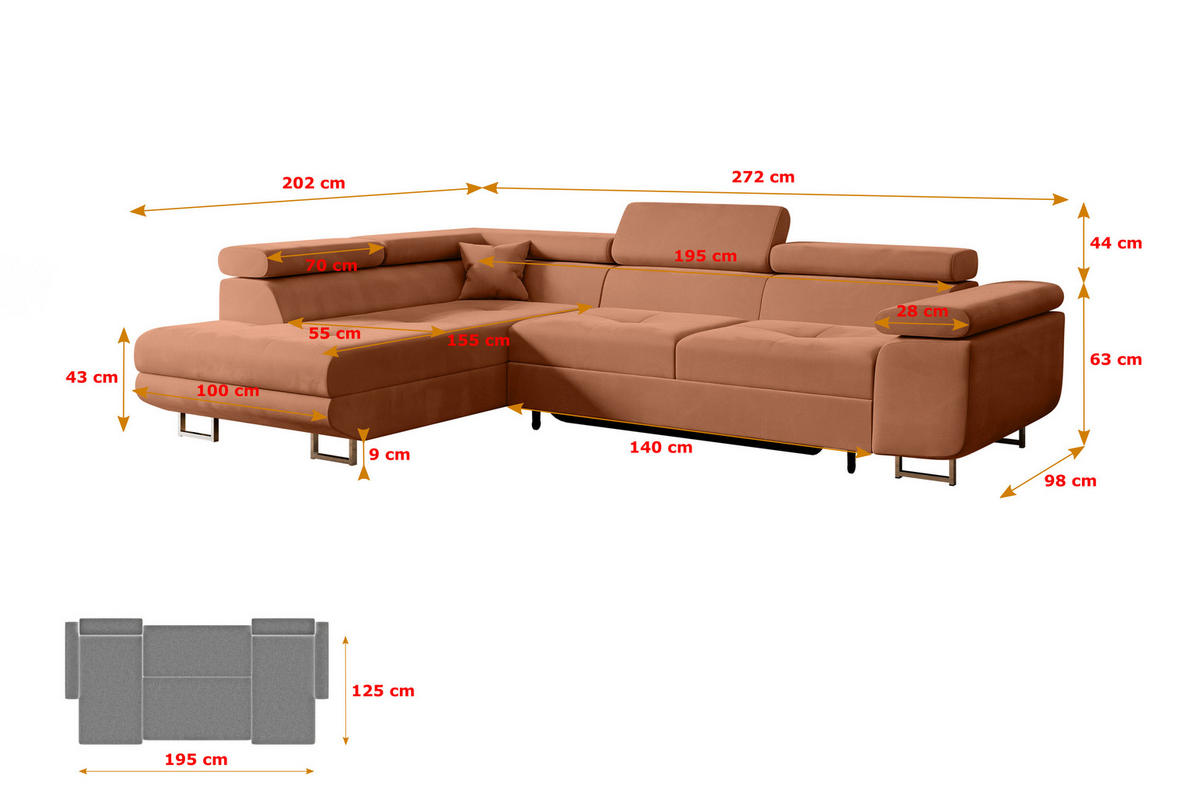 ECKSOFA mit Schlaffunktion und Bettkasten GUSA-L 272x202x107 cm Koralle Velours - Koralle/Silberfarben, Holzwerkstoff/Textil (202/272cm) - ALTDECOR