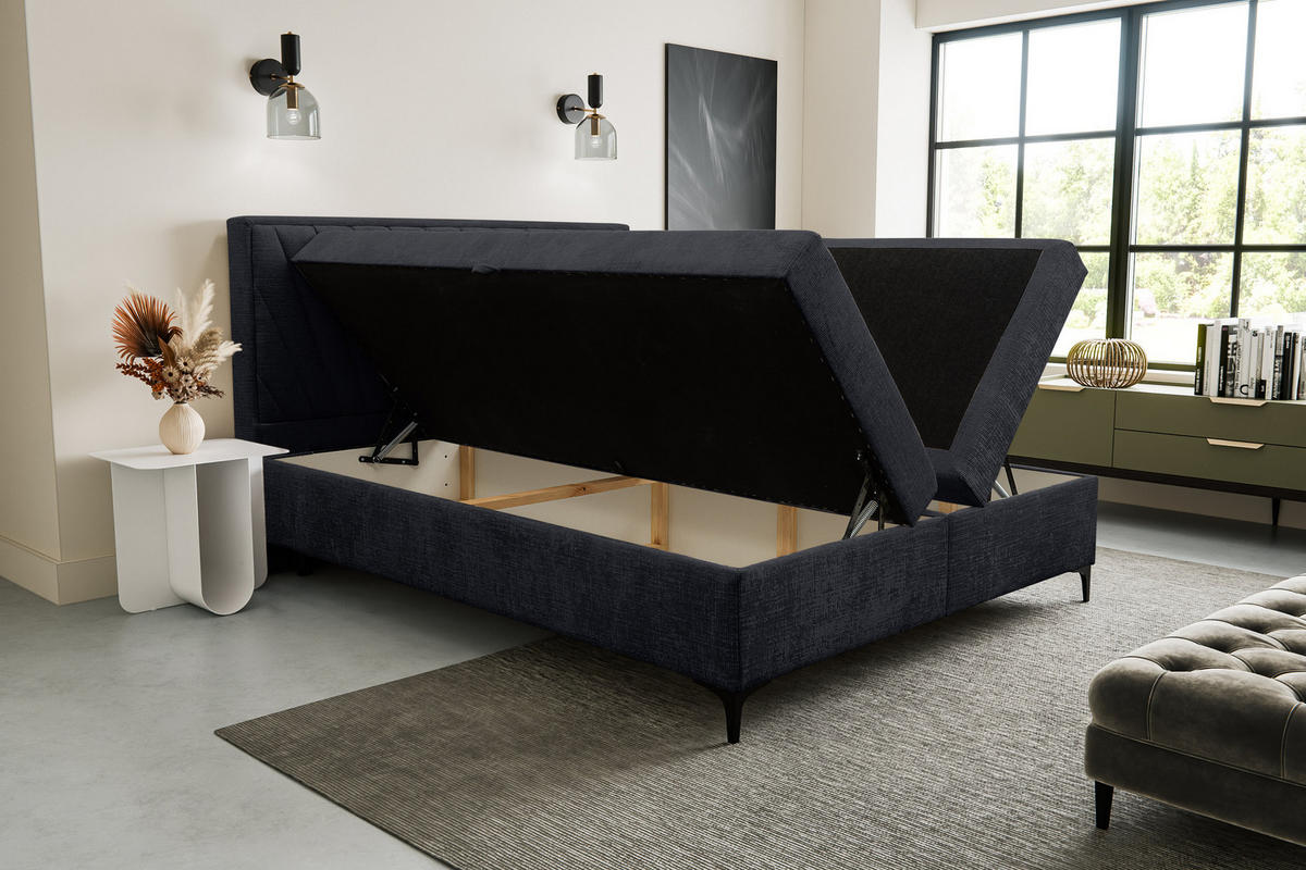 BOXBETT Cimone mit 2 Bettkästen, Maße: 140x200 cm, Farbe: Schwarz , Velourstoff, mit Bonell-Matratze inkl. Topper - Schwarz, Holz/Kunststoff (140/200cm) - VENASI MÖBEL