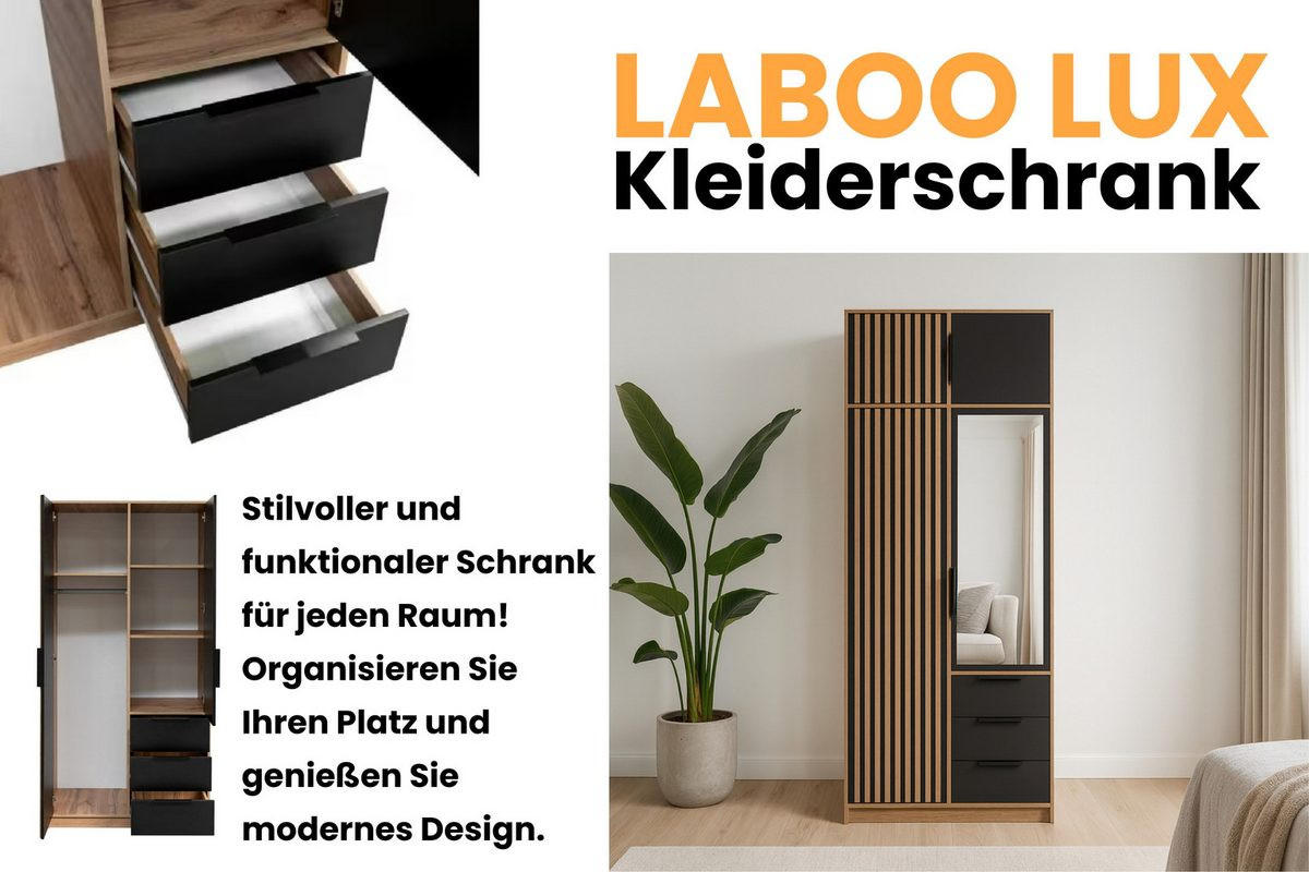 DREHTÜRENSCHRANK LABOO LUX 100/200/58 cm in Eiche Wotan / Schwarz mit Lamellen und Aufsatz - Eiche Wotan/Schwarz, Holzwerkstoff (100/245/58cm) - Deine Möbel 24
