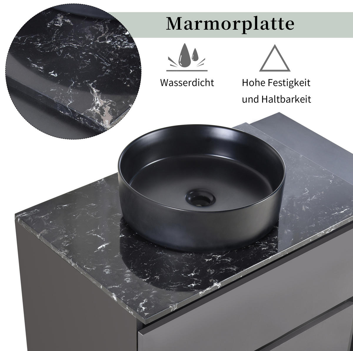 WASCHTISCHKOMBI 80 cm Schwarz/Grau aus MDF mit Marmor-Arbeitsplatte und Stauraum - Schwarz, Holzwerkstoff (80/48.5/44cm) - OKMYHOME